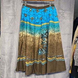 Chic Floral A-Line Skirt in Blue and Brown